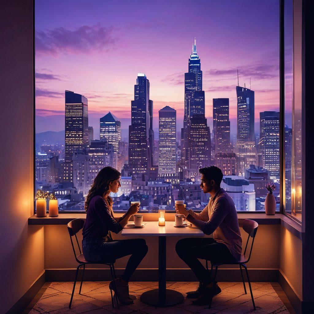 A beautifully lit intimate scene showcasing diverse couples engaged in passionate conversations, surrounded by elements symbolizing modern dating, like smartphones and coffee cups. The background features a dreamy city skyline at dusk, hinting at adventure and exploration. Soft lighting emphasizes connection and warmth, with heart motifs subtly integrated into the décor. Elegant and modern style, with a hint of romanticism. super-realistic. vibrant colors. soft focus.