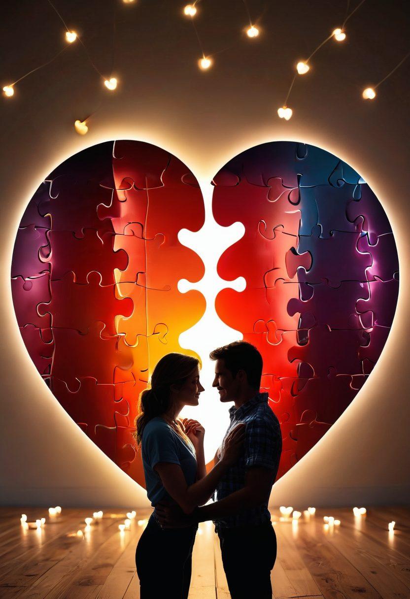A heart-shaped puzzle piece fitting perfectly into a larger heart, symbolizing romance and connection. Surrounding it, soft glowing lights create an intimate atmosphere, while silhouettes of couples engaging in flirtatious conversation are faintly visible in the background. The scene should evoke warmth, charm, and love, embodying expert matchmaking. vibrant colors. super-realistic.